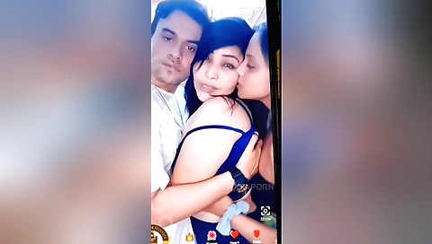 Brunette babe and her boyfriend in a threesome at the web camera