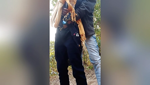 Hot brunette and her horny indian biker in the outdoor setting