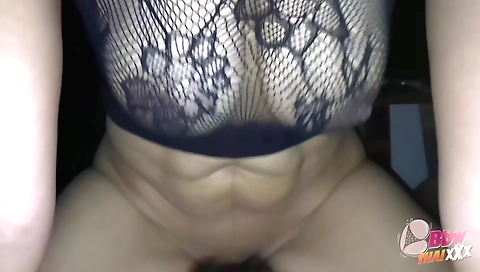 Big tits brunette milf in black top plays with her tits