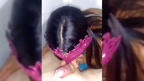 Brunette amateur handjob from a big cock from behind