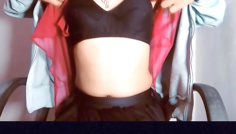 Sexy indian babe with a red lingerie showing her saggy tits