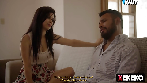 Indian brunette sucks his boner and gives him a blowjob