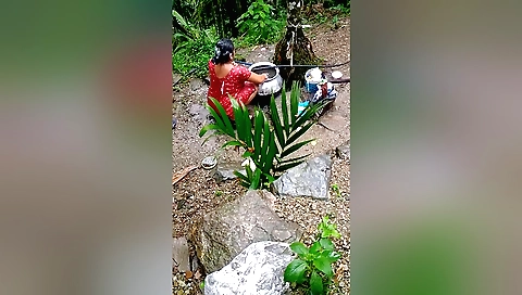 Busty brunette mature lady rides his hard cock outdoors