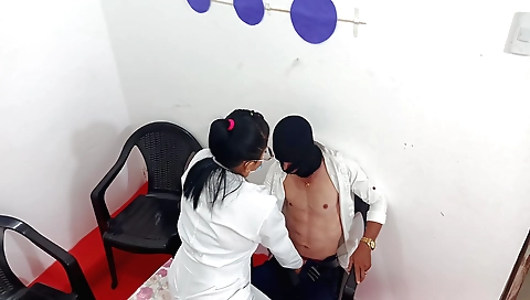 Amateur brunette in a uniform does some sex in a health center